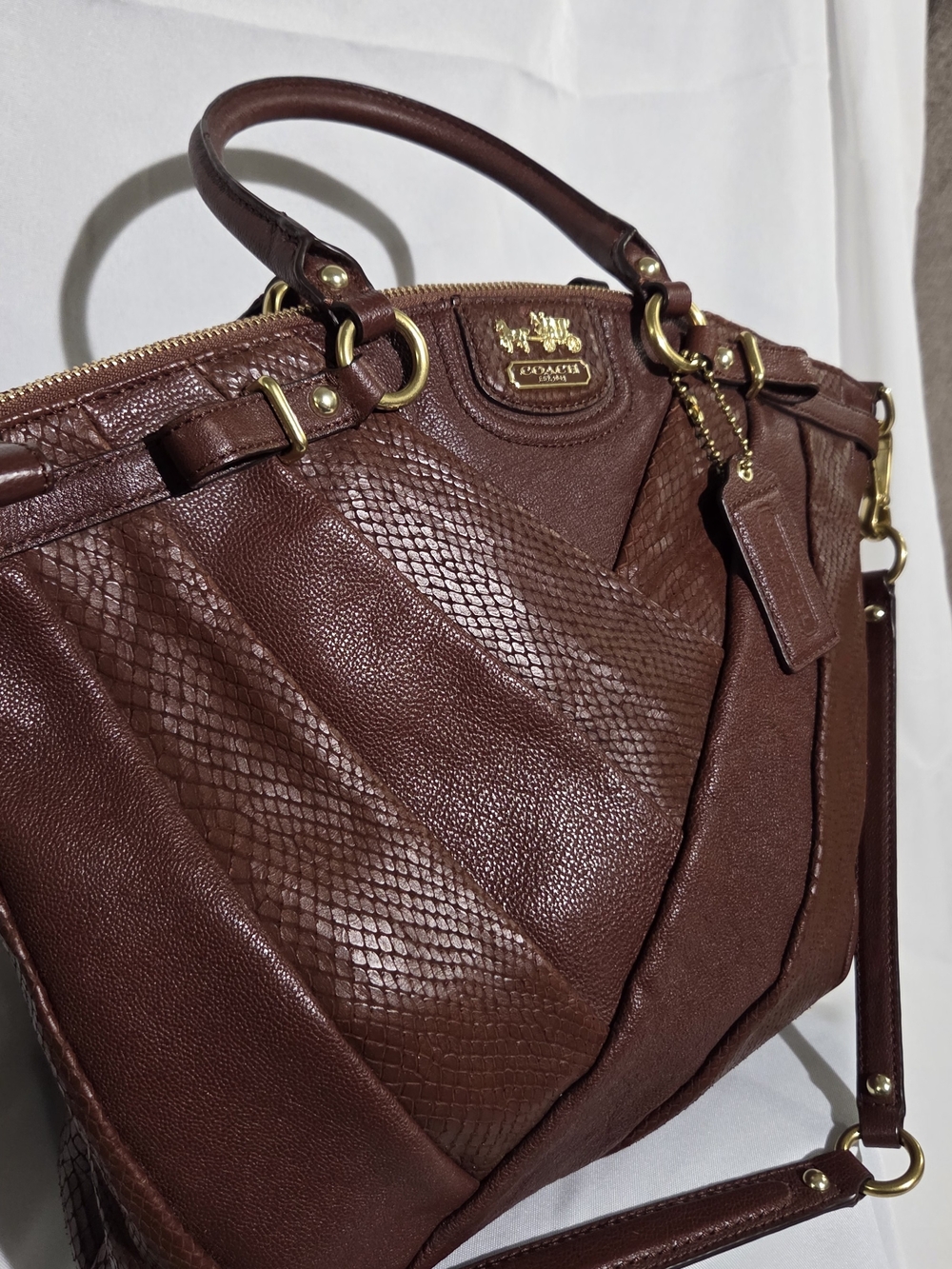 Coach Madison Lindsey Brown Leather Satchel with Snake-Embossed Panels